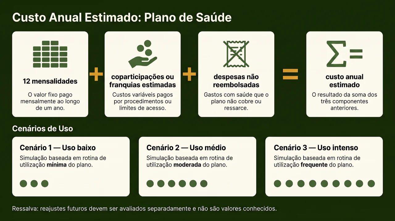 Infográfico com a fórmula do custo anual estimado de um plano de saúde: doze mensalidades mais coparticipações ou franquias estimadas mais despesas não reembolsadas, com orientação para simular cenários de uso baixo, médio e intenso.