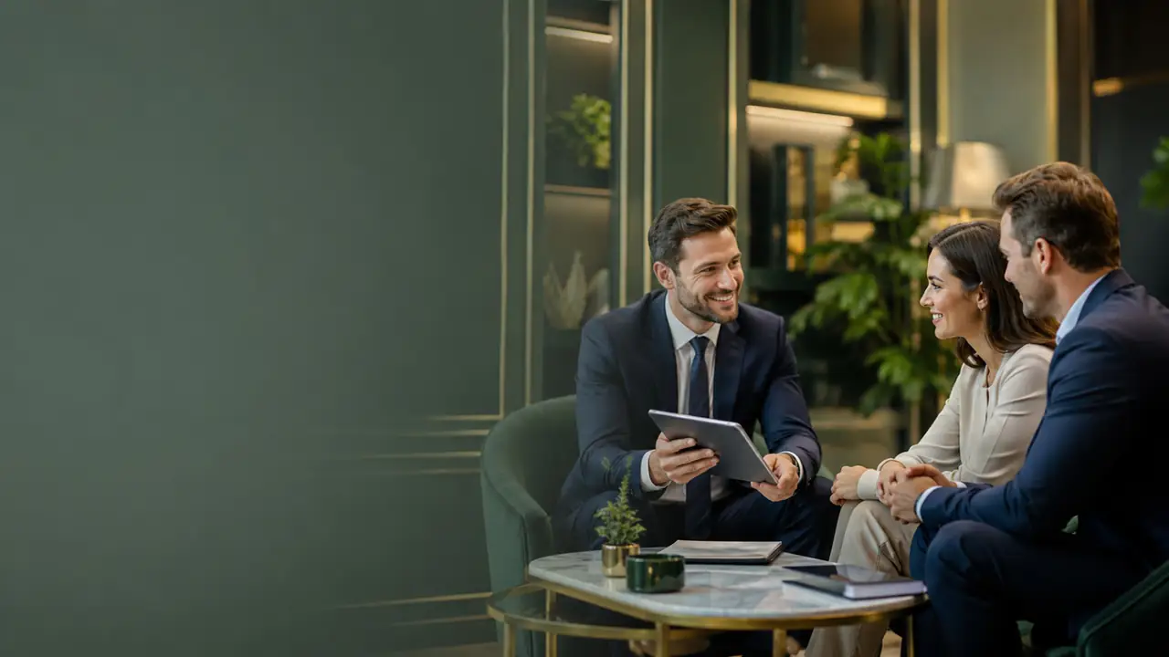 Consultor de seguros atendendo clientes em ambiente corporativo