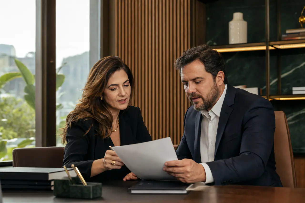 Dois advogados analisando documentos em um escritório contemporâneo