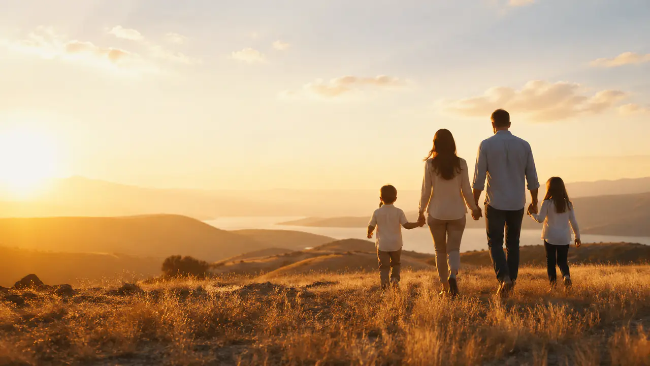 Família protegida por coração e escudo, simbolizando seguro de vida.