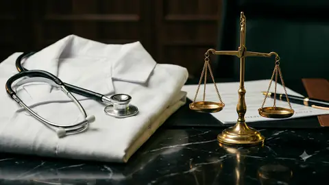 Balança da justiça e estetoscópio representam a responsabilidade civil profissional